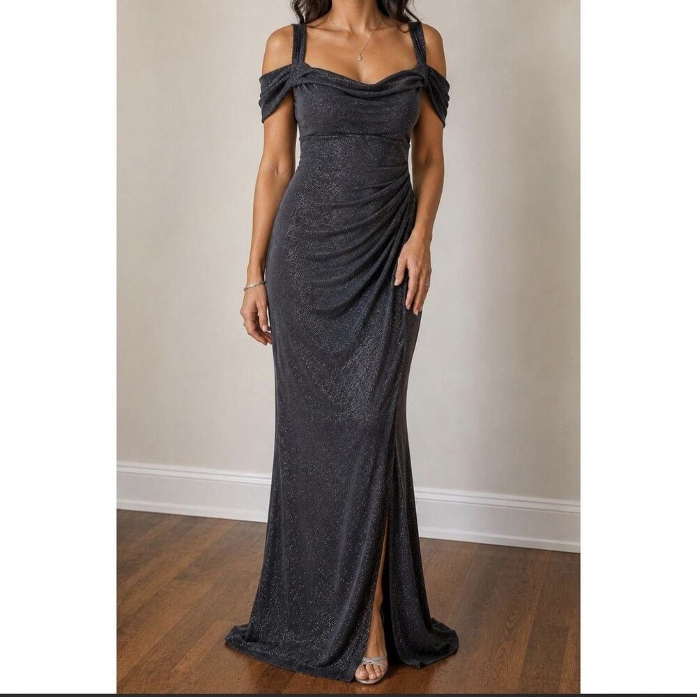 Alex Evenings Gray Glitter Draped Cowl Neck Sleeveless Long Gown Size 16